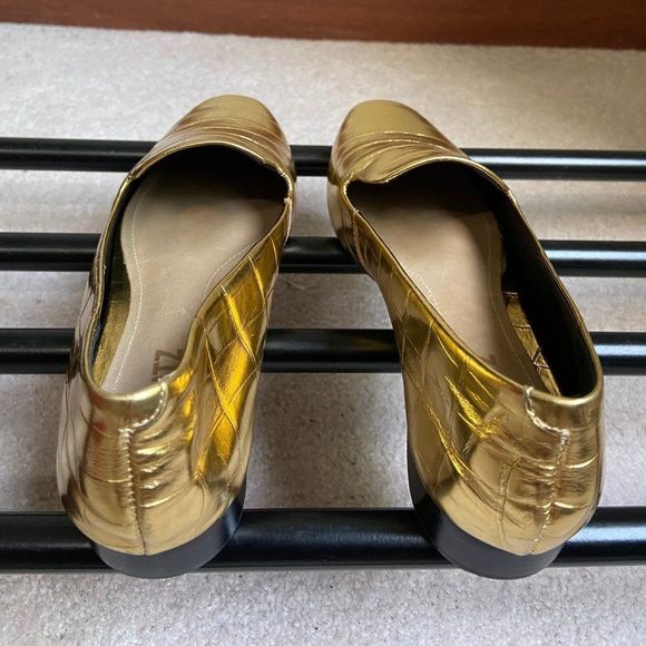 SCHUTZ Women Flor Metallic Gold Croc Embossed Leather Loafers - NEW NWOB - Picture 5 of 8
